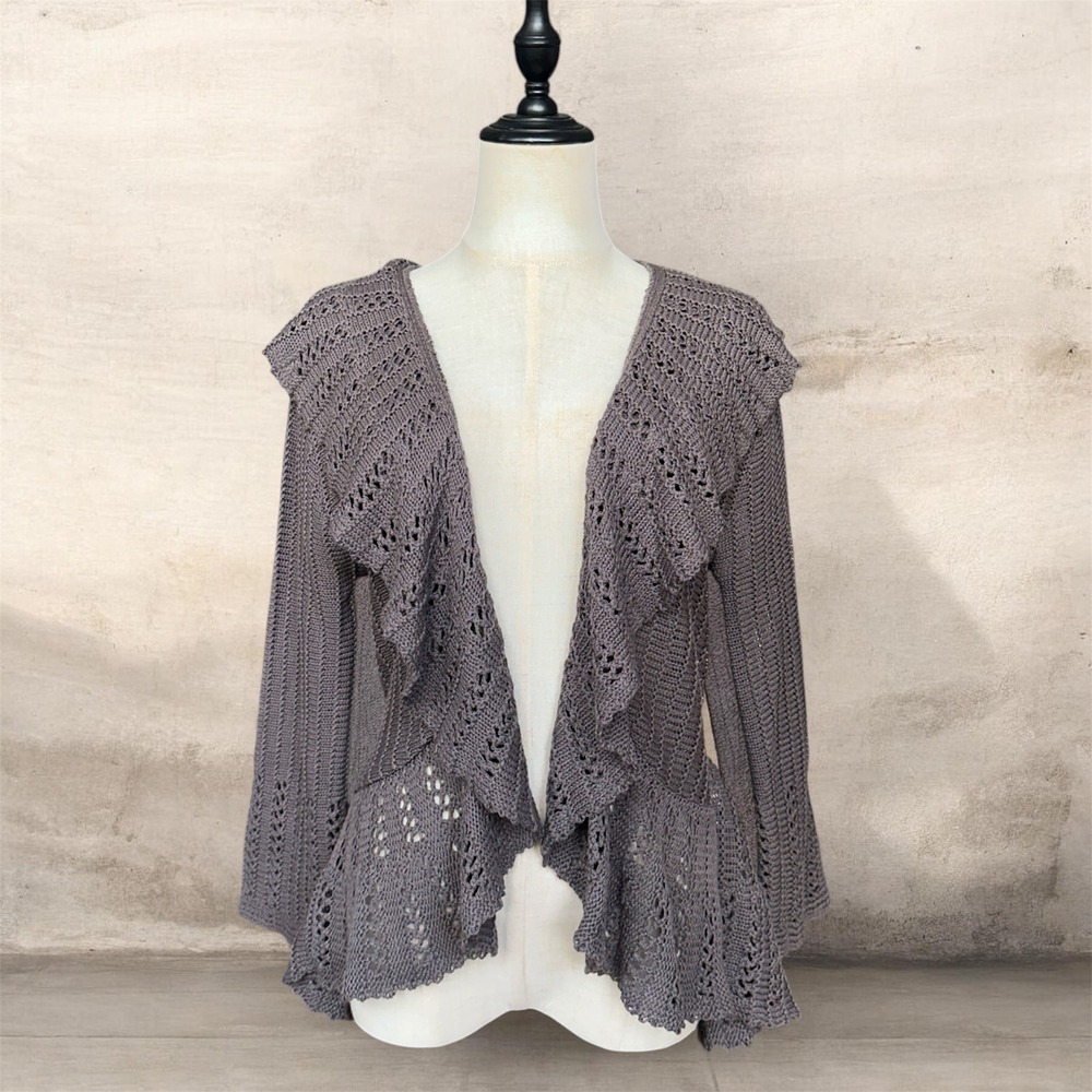 Gray Crochet Ruffle Cardigan Womens Small Open Front Peplum Y2K Boho